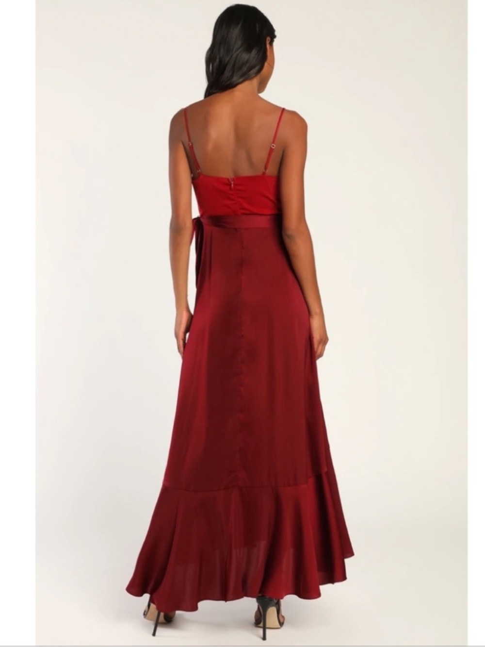 Lulus Double Darling Burgundy Color Block Satin Ruffled Maxi Dress Medium NWT - Picture 4 of 7